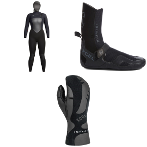 Women's XCEL 5/4 Infiniti Hooded Wetsuit 2024 - 10 Package (10) + 8 Booties in Black size 10/8 | Neoprene/Plastic
