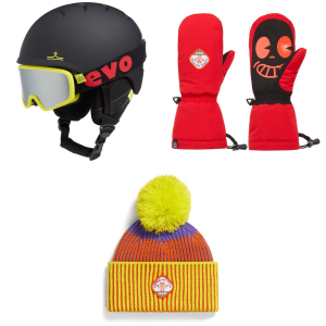 Kid's evo Sessel Helmet + Goggle Combo 2025 - O/S Package (O/S) + L Kids Mittens in Red size O/S/L | Polyester