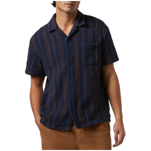Brixton Bunker Waffle Stripe Short-Sleeve Shirt Men's 2025 in Blue size Large | Cotton