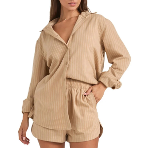 Women's Rhythm Byron Striped Shirt 2025 Khaki size Small | Cotton