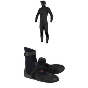 O'Neill 5/4+ Hyperfreak Chest Zip Hooded Wetsuit 2026 - Large Package (L) + 12 Booties in Black size L/12 | Rubber/Neoprene