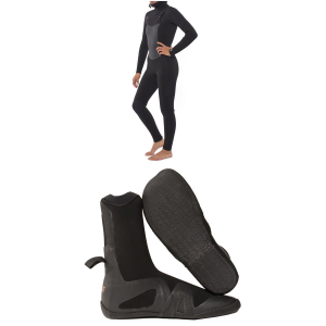 Women's Sisstrevolution 5/4 7 Seas Hooded Chest Zip Wetsuit 2026 - 14 Package (14) + 7 Booties in Black size 14/7 | Nylon/Neoprene