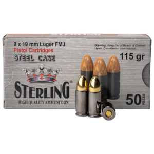 Sterling STERLING 9X19MM LUGER FMJ STEEL CASING 115GR BOX50 UPC: 8698779957674 - $11.79 at Global Ordnance