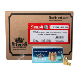 Sterling STERLING 9X19MM 147 GRAIN SUBSONIC FMJ CASE1000 UPC: 8698779967406 - $450.00 at Global Ordnance