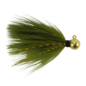 Image of Hawken Sy's Micro Marabou Jig | Gold Plate Head-Olive; 1/32 oz.
