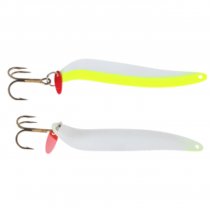 Image of Bay De Noc Flutter Laker Taker Trolling Spoon | Fluorescent Yellow/White Pearl; 4 in.