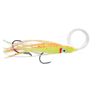 Image of Silver Horde Gold Star Rigged Squid Hoochie | Double Glow Flame Spatter Back; 2 1/4 in.