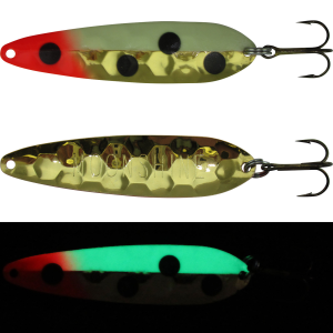 Image of Moonshine Lures Half Moon Walleye Spoon | Glow Bloody Nose - Gold; 3 in.