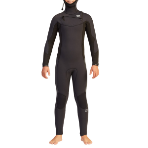 Kid's Billabong 5/4 Absolute Chest Zip Hooded Wetsuit Boys' in Black size 8 | Nylon/Polyester/Neoprene