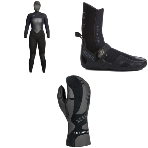 Women's XCEL 5/4 Infiniti Hooded Wetsuit - 6T Package (6T) + 5 Booties in Black size 6T/5 | Neoprene/Plastic