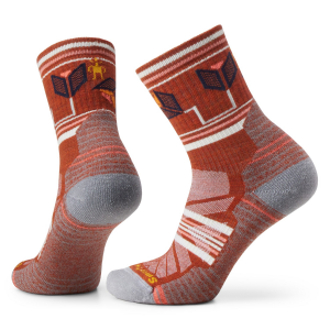 Image of Women's Smartwool Hike Light Cushion Castle Peak Pattern Mid Crew Socks 2024 in Orange size Large | Nylon/Wool/Elastane