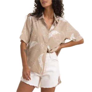 Image of Women's Roark Bless Up Short-Sleeve Shirt 2024 in Khaki size X-Small | Nylon/Rubber/Polyester