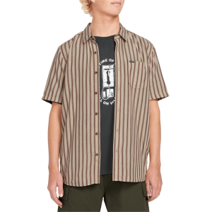 Image of Volcom Arvostripe Woven Short-Sleeve Shirt Men's 2024 Brown in Khaki size Medium | Viscose/Polyester