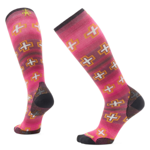 Image of Women's Smartwool Zero Cushion Paths Crossed Print OTC Socks 2025 in Pink size Large | Nylon/Wool/Elastane