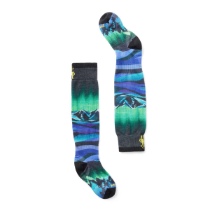 Image of Kid's Smartwool Zero Cushion Aurora Flash Print OTC Socks 2025 in Black size X-Large | Nylon/Wool/Elastane