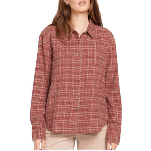 Image of Women's Volcom Plaid To Meet U 2 Long-Sleeve Shirt 2024 in Brown size X-Small | Cotton