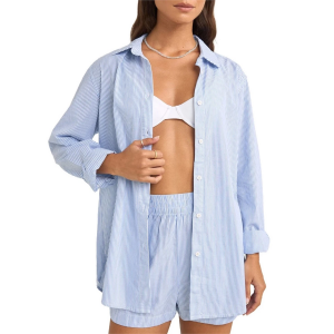 Image of Women's Rhythm Zephyr Stripe Shirt 2025 in Blue size Large | Cotton