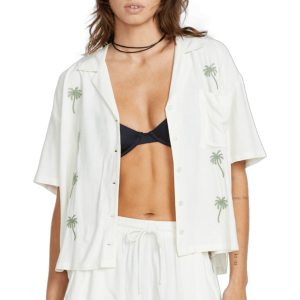 Image of Women's Volcom Sun Stunner Short-Sleeve Shirt 2025 in White size X-Small | Viscose