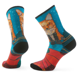 Image of Women's Smartwool Hike Targeted Cushion Geo Fox Print Crew Socks 2025 in Blue size Medium | Nylon/Wool/Elastane