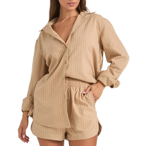 Image of Women's Rhythm Byron Striped Shirt 2025 Khaki size Small | Cotton