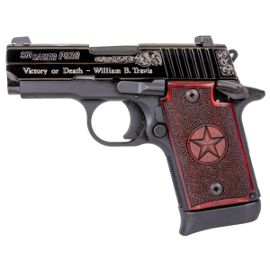P938 Texas Engraved Silver 3" 7 Round 9mm Luger Pistol - Black/Redwood