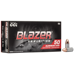 Blazer Aluminum Full Metal Jacket 9mm Handgun Ammo - 50 Round Box