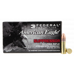 AMERICAN Eagle Suppressor Copper Plated Round Nose 45 Gr 22 Long Rifle Rimfire Ammo - 50 Round Box