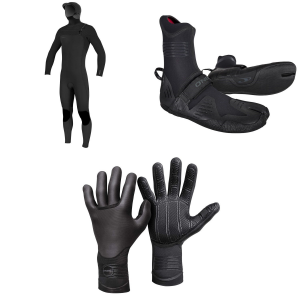 O'Neill 4/3+ Hyperfreak Chest Zip Hooded Wetsuit 2024 - Small Package (S) + 6 Booties in Black size S/6 | Rubber/Neoprene