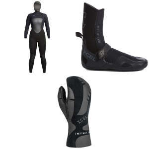 Women's XCEL 5/4 Infiniti Hooded Wetsuit 2024 - 8 Package (8) + 11 Booties in Black size 8/11 | Neoprene/Plastic