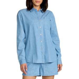 Women's Volcom Lived In Button Up Shirt 2025 in Blue size X-Small | Cotton