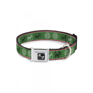 1" Wide Christmas Pattern Moose/Snowflakes Green Seatbelt Buckle Dog Collar