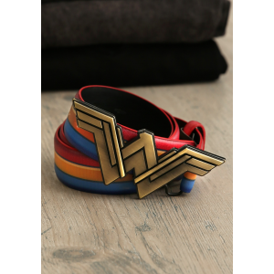 DC Wonder Woman Logo Gold Buckle Adult Striped Belt