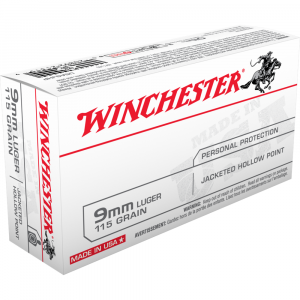 Winchester USA Handgun Ammunition 9mm Luger 115 gr. JHP 1165 fps 50/ct