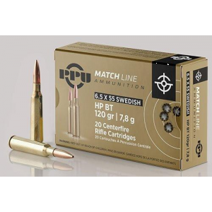 PPU Match Rifle Ammunition 6.5mm x 55 Swedish Match 120 gr HPBT 2723 fps 20/ct