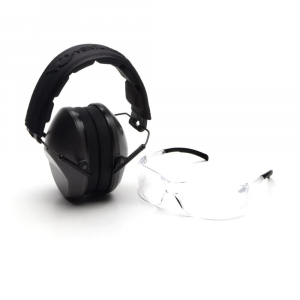 Pyramex Low Profile Combo Kit Passive Black Ear Muff 24dB Clear Shooting Glasses Clear with Clear Lens