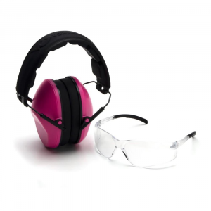 Pyramex Low Profile Combo Kit Passive Pink Ear Muff 24dB Clear Shooting Glasses Clear with Clear Lens