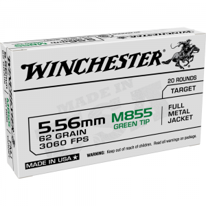 Winchester USA Lake City M855 Green Tip Rifle Ammunition 5.56mm 62 gr. FMJ 3060 fps 1000/ct Case (50-20rd Boxes)