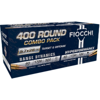 Fiocchi Target & Defense Handgun Combo Pack Ammunition 5.7x28mm 40gr FMJ 1700fps 200/ct & 40gr THP 1750 fps 200/ct (400/ct Total)