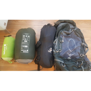 Camping gear: backpack, tents, sleeping bag, tarp