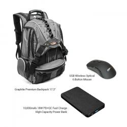 Bundle Offer - Graphite Premium Backpack 17.3 plus 10,000mAh Fast Charge High-Capacity Power Bank, and Rechargeable Wireless Optical 6 Button Mouse