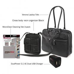 Verona Laptop Tote plus Crossbody Tech Organizer, DualPower 3.1 AC Dual USB Charger, and MicroClear Three Pack