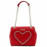 Love Moschino Women's Chain Heart Flap Over Leather Satchel Handbag - Red - 8H x 10.5L x 3D Inch