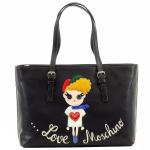 Love Moschino Women's Embroidered Girl Leather Tote Carry All Handbag - Black - 9.5H x 14L x 4.5D in