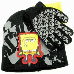 Spongebob Squarepants Boy's Knit Beanie Hat & Glove Set Sz. 4 7 - Black - 4 7