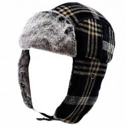 Woolrich Chenille Men's Faux Fur Plaid Earflaps Trapper Hat - Black