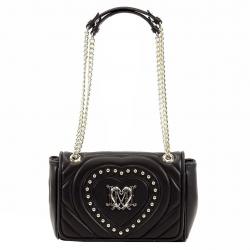 Love Moschino Women's Studded Heart Flap Over Satchel Handbag - Black - 6H x 10L x 3D Inch