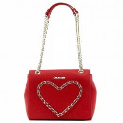 Love Moschino Women's Chain Heart Flap Over Leather Satchel Handbag - Red - 8H x 10.5L x 3D Inch