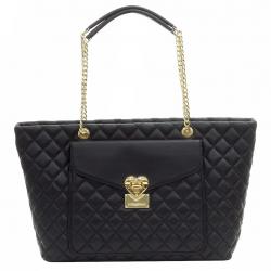 Love Moschino Women's Front Pocket Quilted Leather Satchel Shoulder Handbag - Black