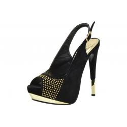 De Blossom Collection Women's Lester 1 Heels Peep Toe Shoes - Black - 6.5 B(M) US