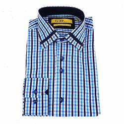 Brio Milano Men's Strip Trim Collar Plaid Button Up Dress Shirt - Blue - S; Collar 14 14.5 Arm 32.5 33